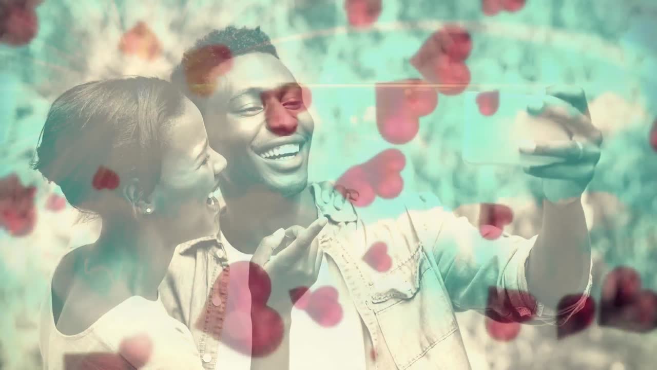 행복 한 젊은 부부 가 함께 사진 을 찍고 있다