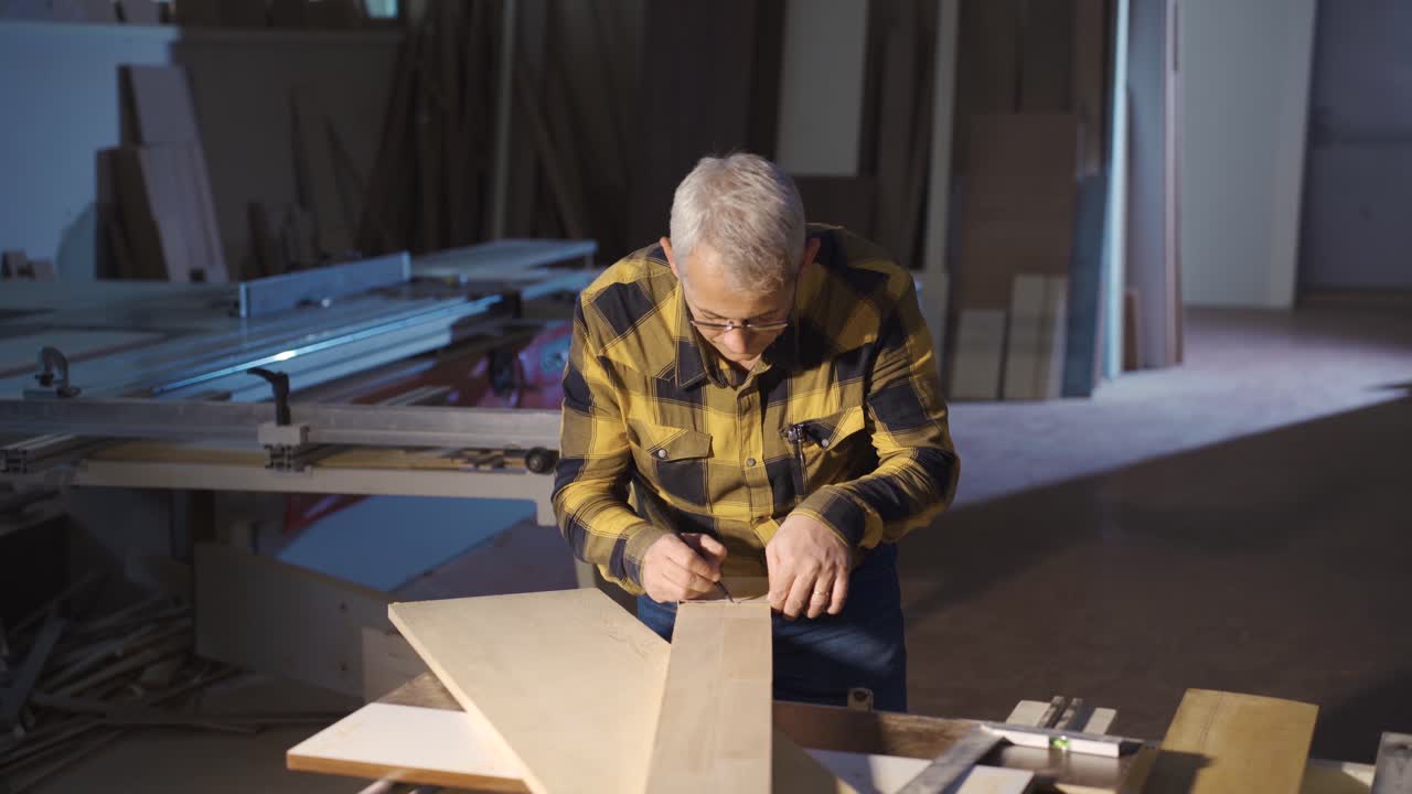 hombre carpintero midiendo tablas de madera con un medidor.