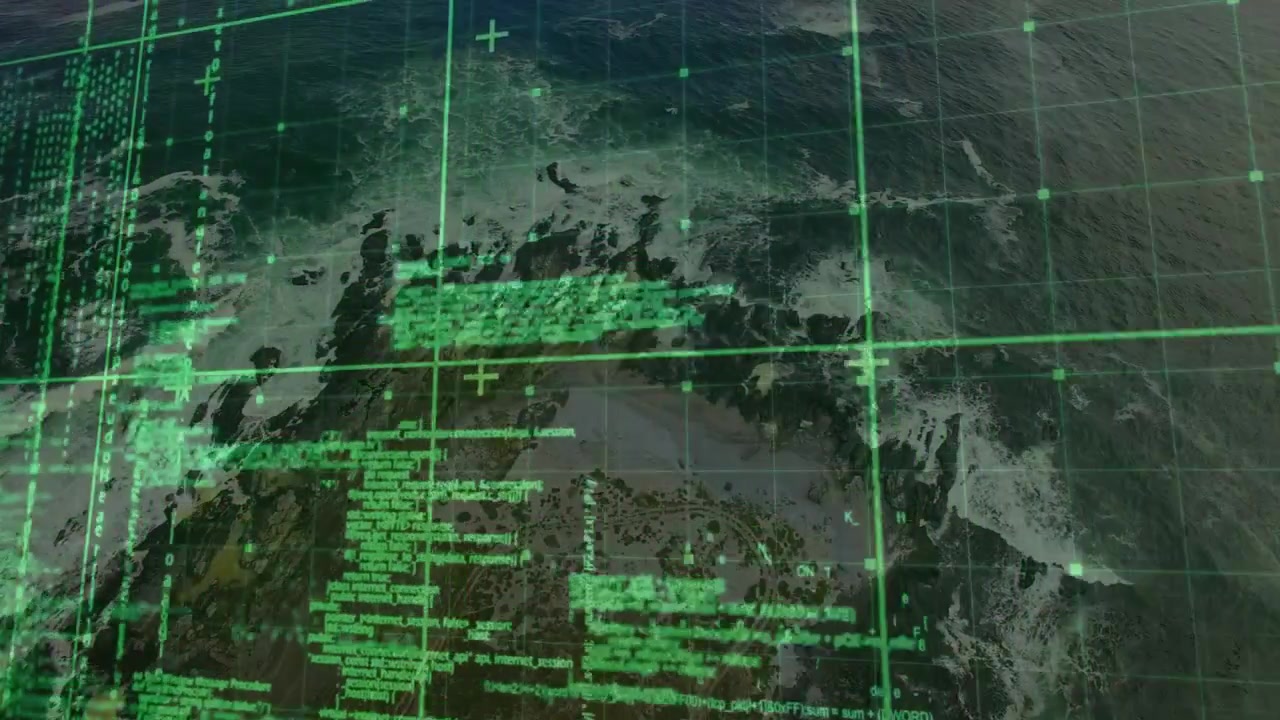 Green HUD overlay responding to satellite ping, scrolling code, shifting grid, updating data