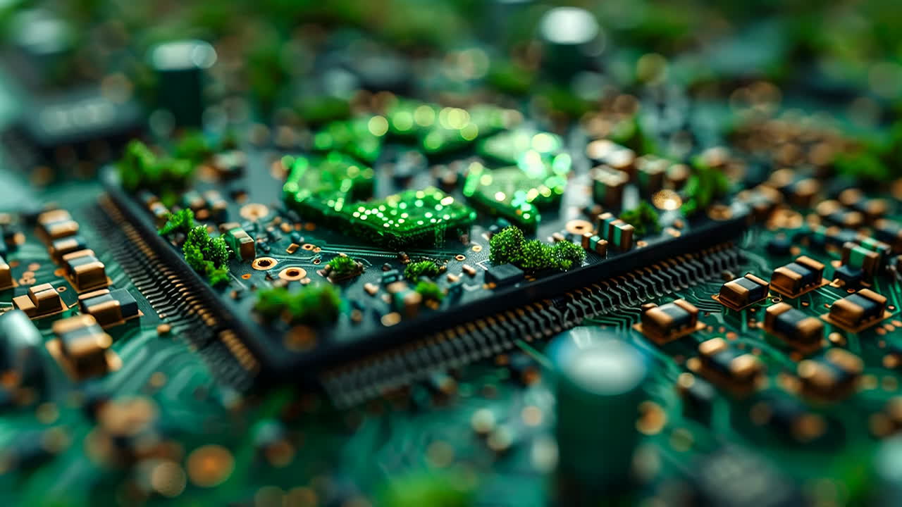 Plant-based recycling symbol on board. A circuit board displays a recycling symbol formed using green plants and small components