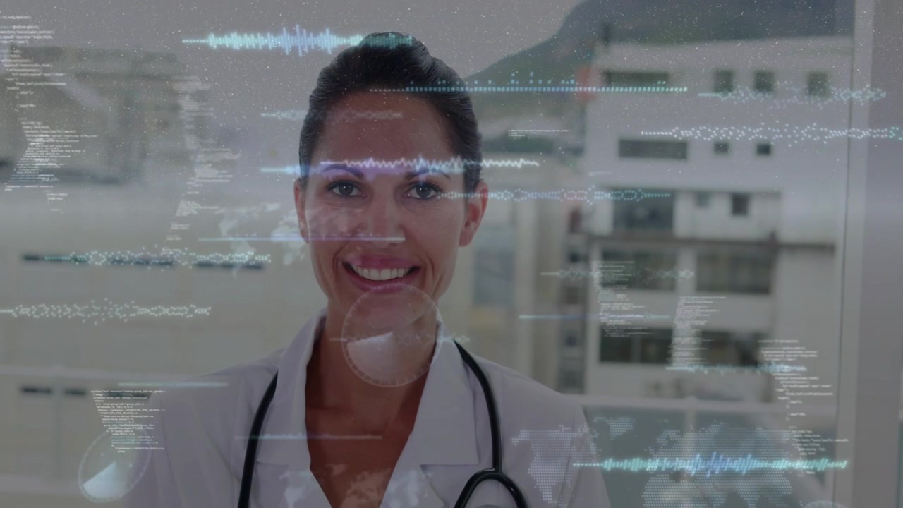 Médico de jaleco sorrindo enquanto a câmera se afasta, dados HUD aparecendo e mostrando informações médicas