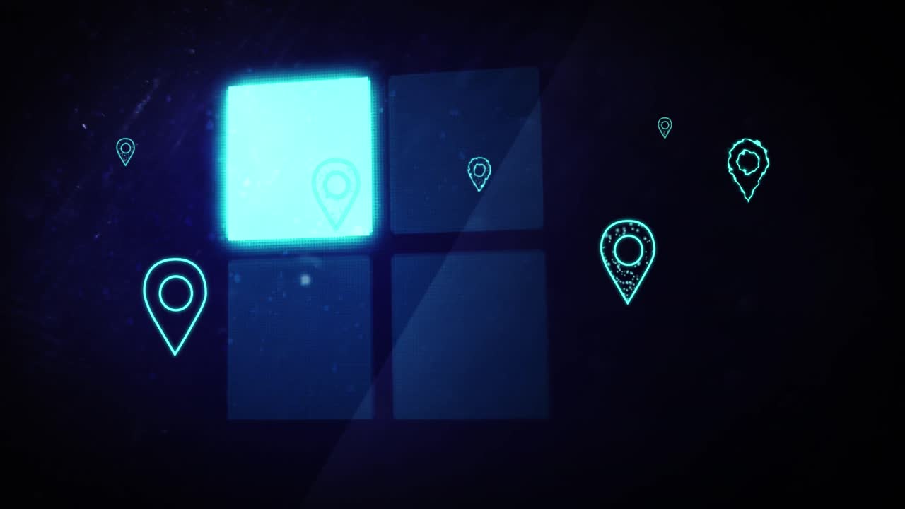 animación de los alfileres de ubicación, cuadrados de carga con procesamiento de datos sobre fondo negro