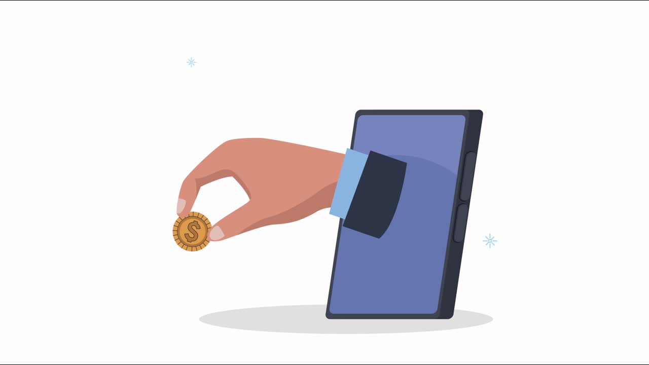 hand with coin in smartphone animation
