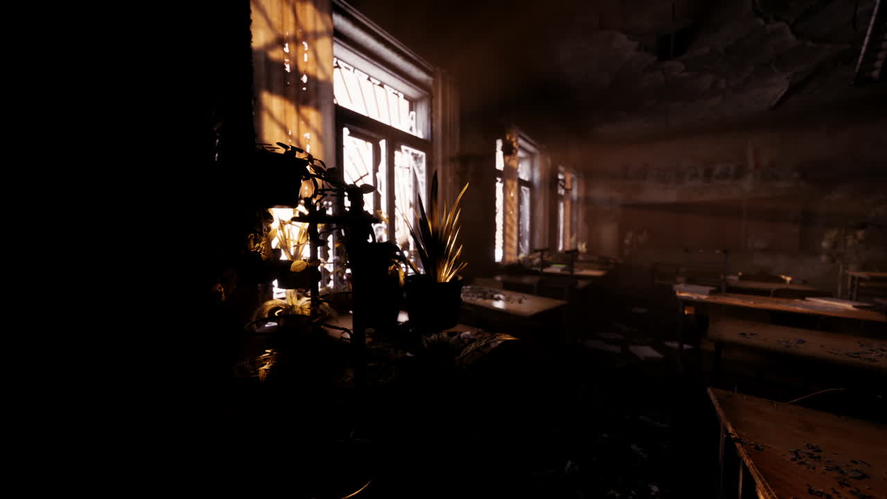 Abandoned classroom with natural light streaming through dusty windows