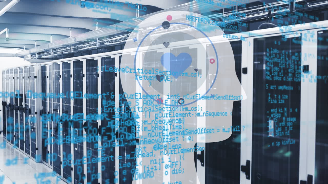 Animation of head with heart and data processing over server room