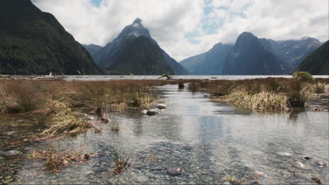 Los-Majestuosos-Picos-De-Milford-Sound-Y-La-Exuberante-Vegetación-Se-Reflejan-En-Las-Aguas-Poco-Profundas-Del-Fiordo.