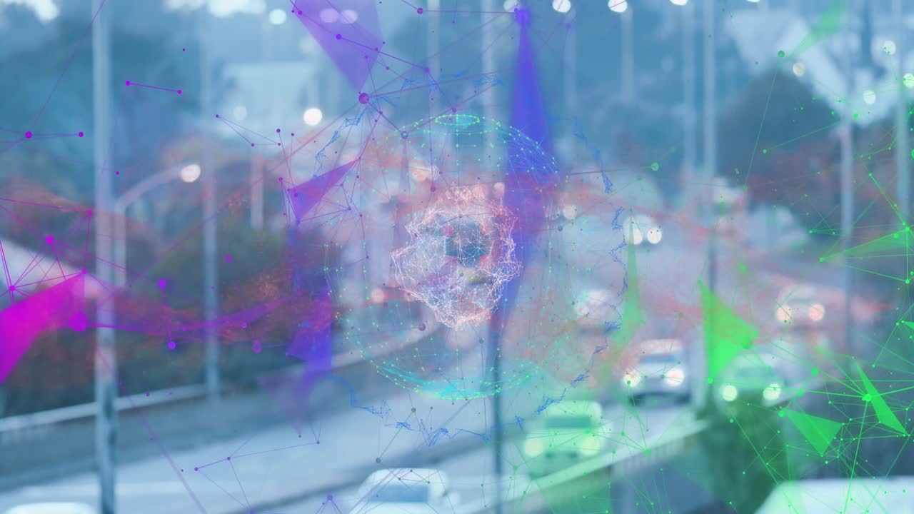 데이터 처리 및 도시 풍경 위의 지구의 애니메이션