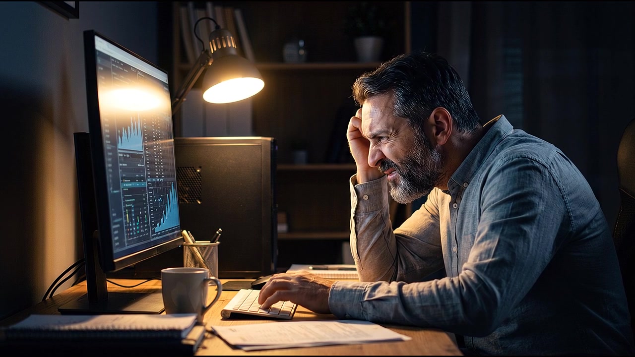 Man working late in office with multiple monitors displaying charts and graphs, analyzing data on computer, office workspace environment