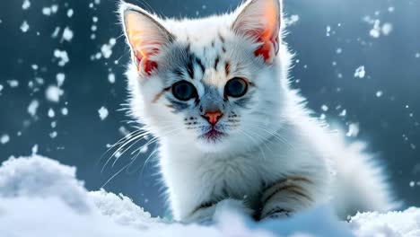 un gatito blanco con ojos azules sentado en la nieve