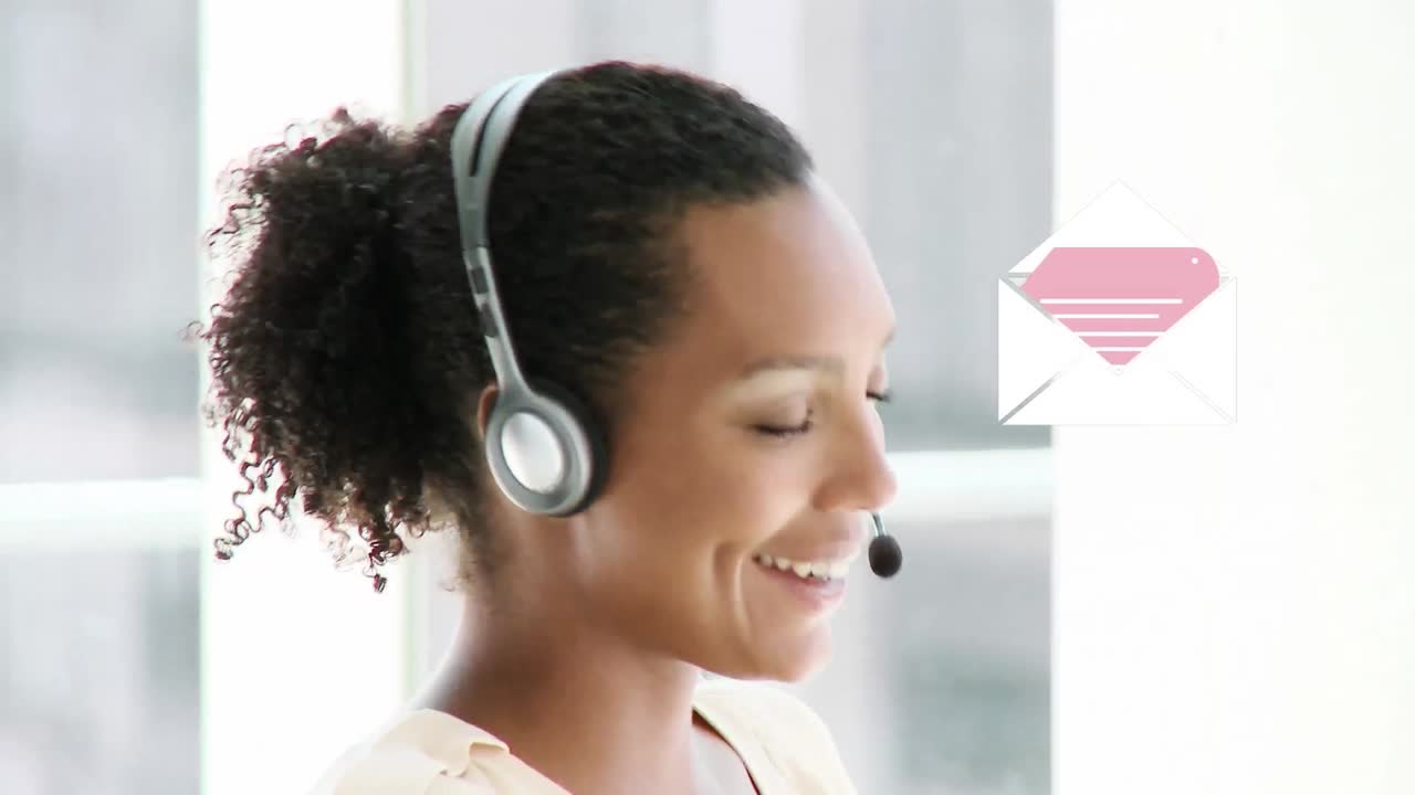 Animation of digital icons over businesswoman using phone headsets