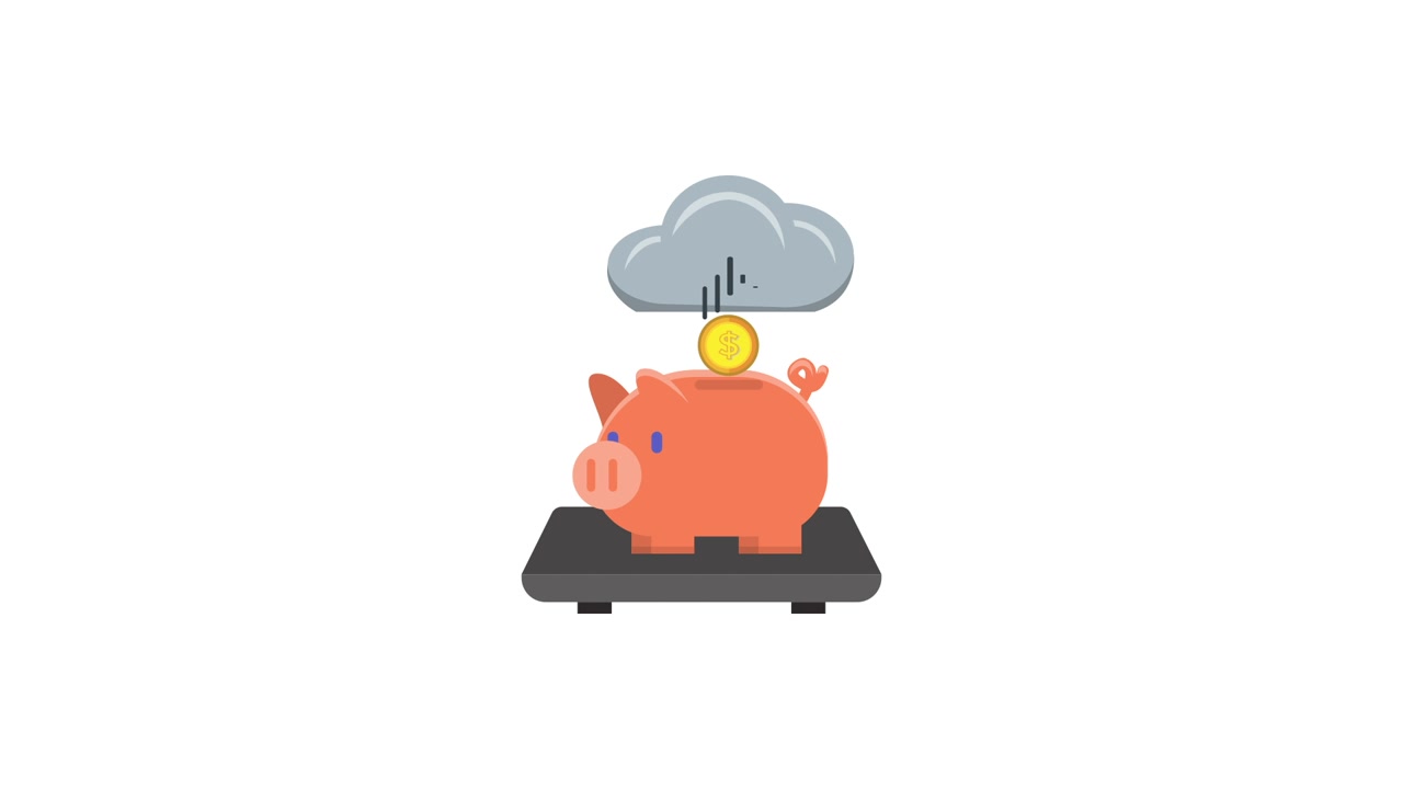 Piggy Bank on Scale with Coin Falling from Cloud for Savings