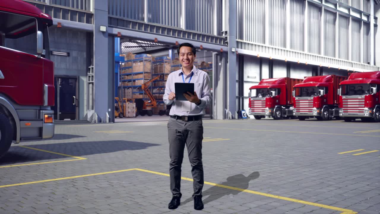 Full Body Of An Asian Male Professional Worker Standing, Outside of Logistics Distributions Warehouse, Typing On Tablet'S Keyboard With Green Screen And Look At The Factory Once