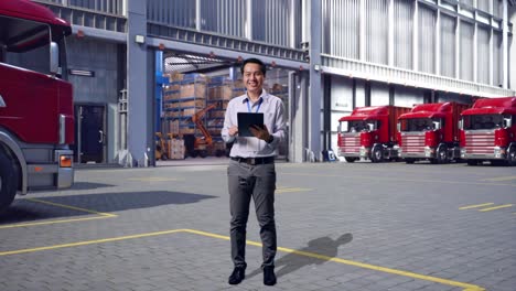 full body of an asian male professional worker standing, outside of logistics distributions warehouse, typing on tablet's keyboard with green screen and look at the factory once
