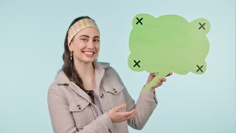 Face,-hand-pointing-and-woman-with-speech-bubble