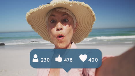 animación de personas, pulgares hacia arriba y iconos de corazón con números sobre una mujer mayor con sombrero de paja en la playa