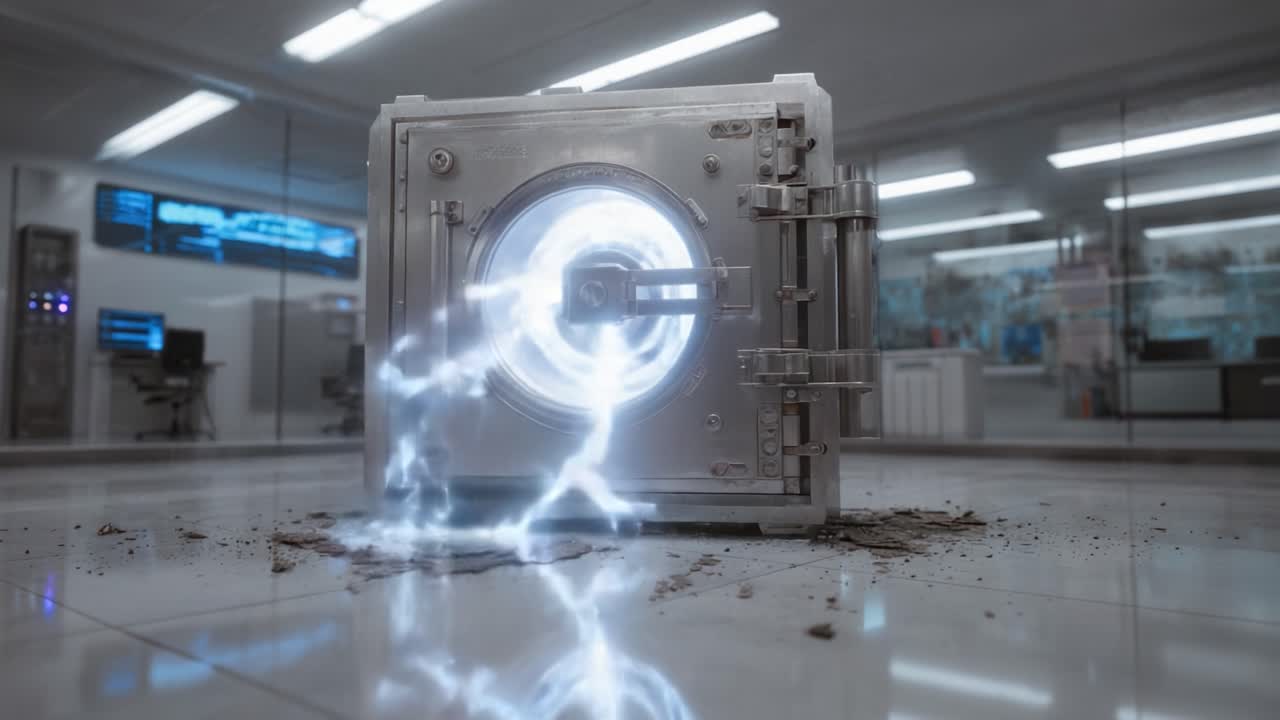 Scientific teleportation of a mysterious futuristic container into a modern laboratory, materializing with a powerful discharge of bright blue lightning and causing the floor to crack