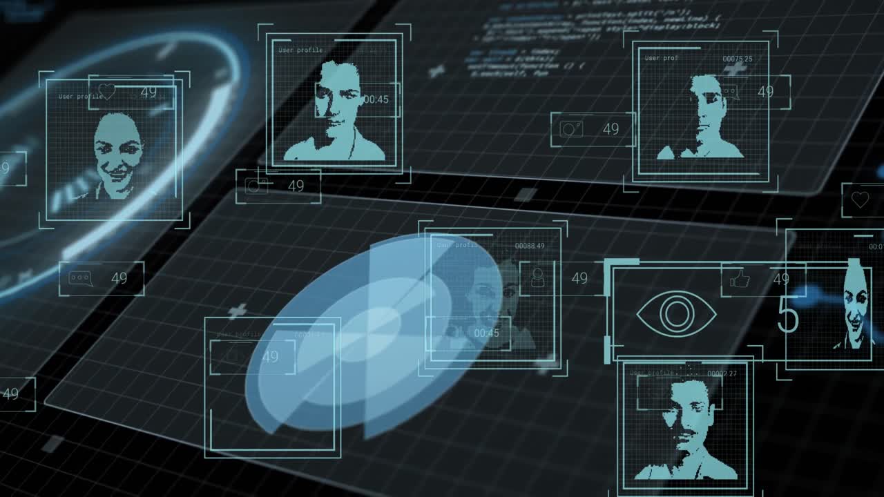 анимация обработки данных и значков людей на черном фоне