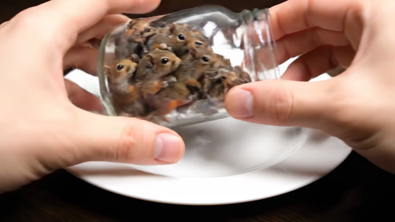 Squirrels exit jar to plate. A hand tips a jar, letting several squirrels run freely onto a white plate, creating a playful and lively scene