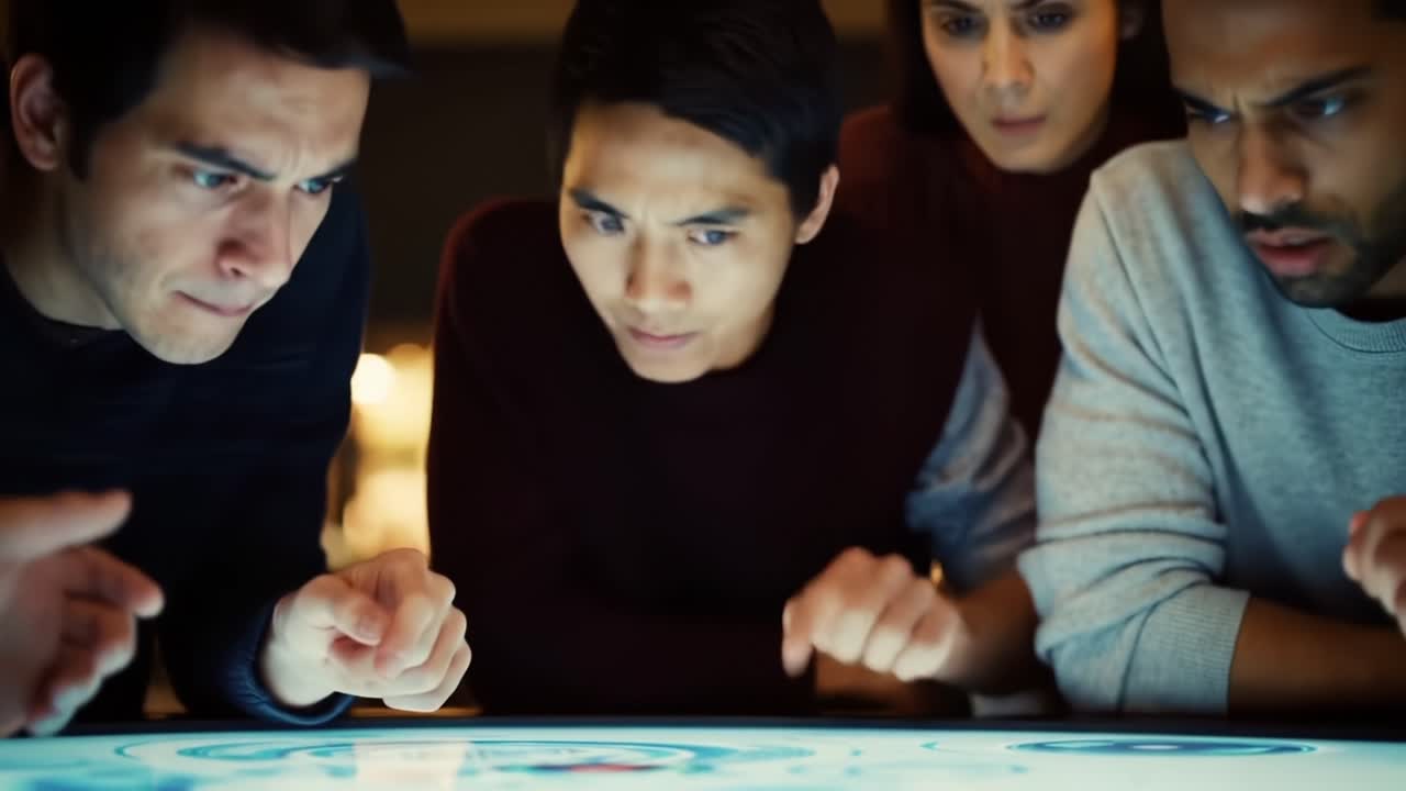 Group of Young Adults Engaged in Interactive Technology, Concentrating on a Touchscreen Display with Facial Expressions Reflecting Curiosity and Excitement