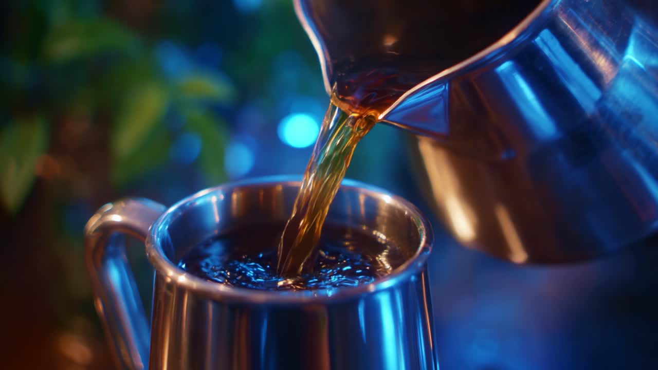 A Majestic Pour: Discovering the Essence of Coffee as Warm Liquid Flows from a Pitcher into a Stainless Steel Mug Enhanced by Ambient Lighting Effects