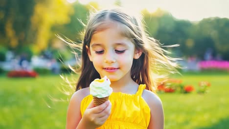 little girl eating ice cream in the park