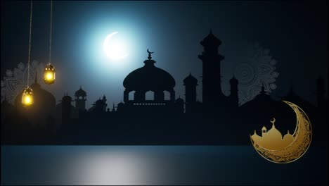 4k eid mubarak diseño islámico colgando linterna de vela de ramadán y mezquita, animación de fondo abstracta. eid muborak concepto de diseño islámico con ramadán. celebración religiosa de la fiesta musulmana asiática