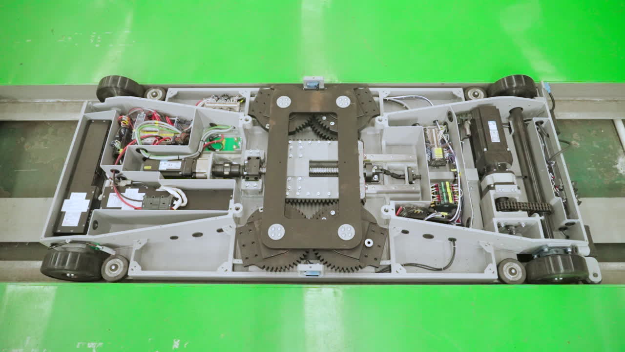Vista dall'alto di un veicolo a guida autonoma all'interno di una fabbrica, che mostra i componenti meccanici interni e i sistemi di trasporto utilizzati per il materiale automatizzato nella produzione industriale. Cina