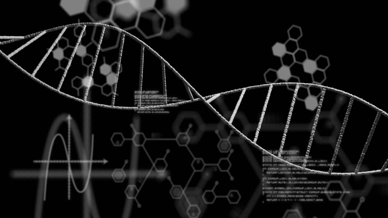 Animation of dna strand with chemical formula and data processing on black background