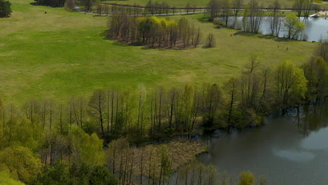 Aerial-flying-over-Myslecinek-largest-city-park-with-beautiful-in-Poland