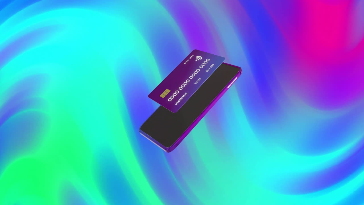 Animation of smartphone and credit card with data over neon background