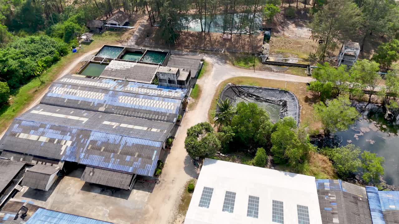 High-angle drone shot reveals industrial aquaculture ponds and covered walkways at a Thailand facility
