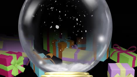 animation of christmas snow globe with christmas presents and snow falling on black background