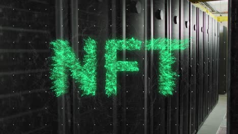 animation of green nft text banner against computer server room