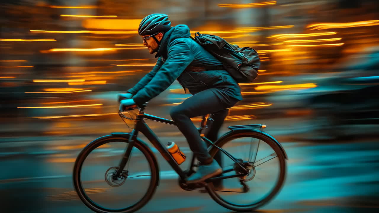 Bicyclist rides through city street during evening with traffic and street lights