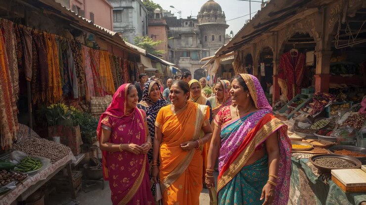 Dans une ruelle commerçante, des femmes indiennes en saris et bracelets regardent les textiles et les produits
