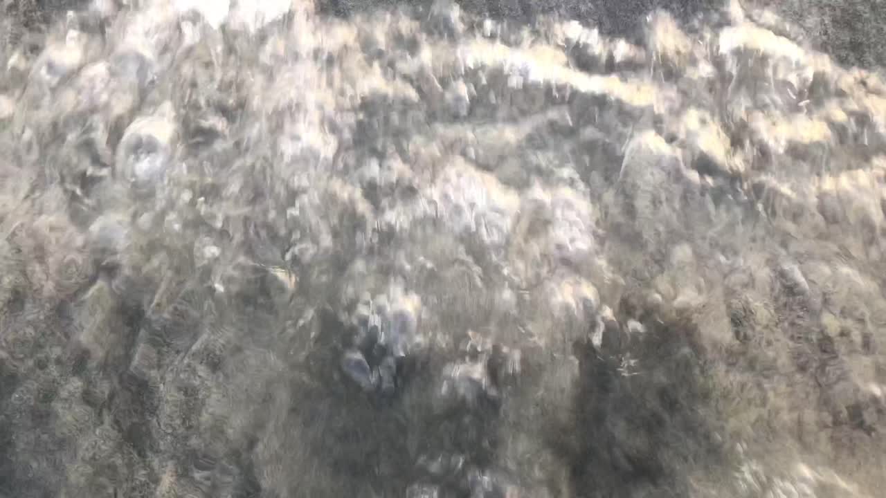 Black mineral deposits on sandy shore in 4K