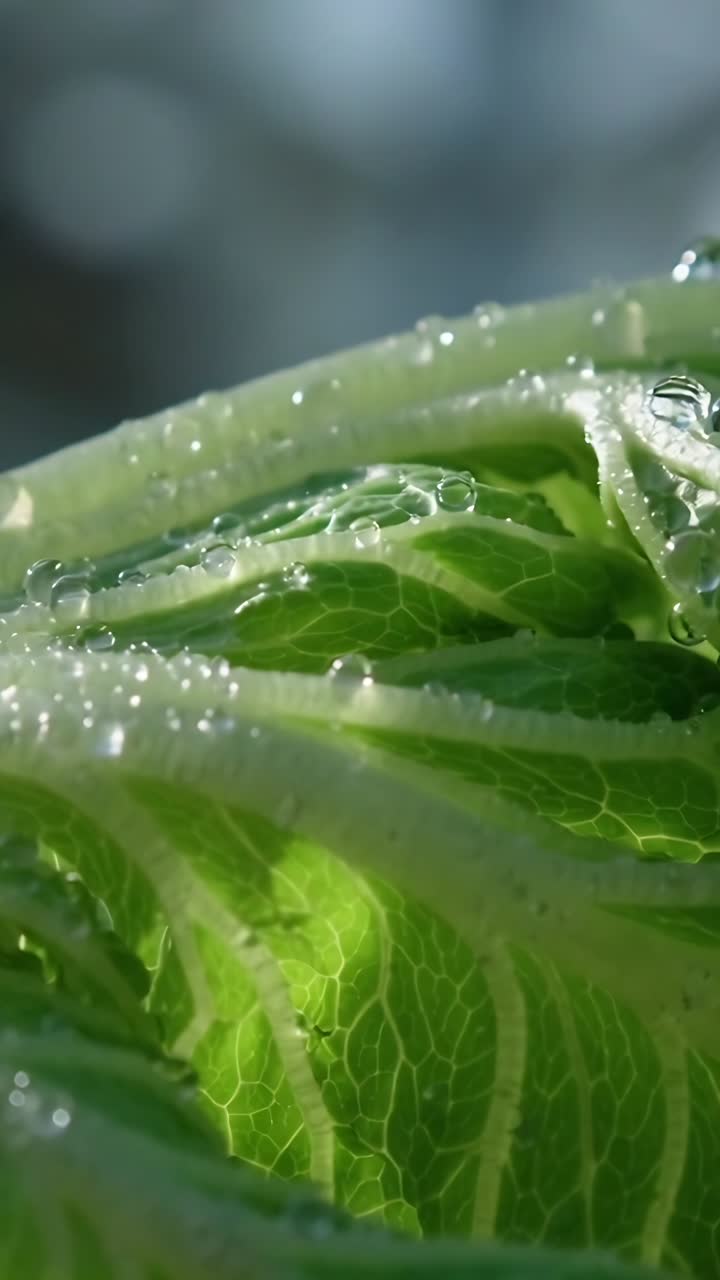 Vertical video: Moving camera focusing on pale green cabbage head at dawn, revealing dew and veins