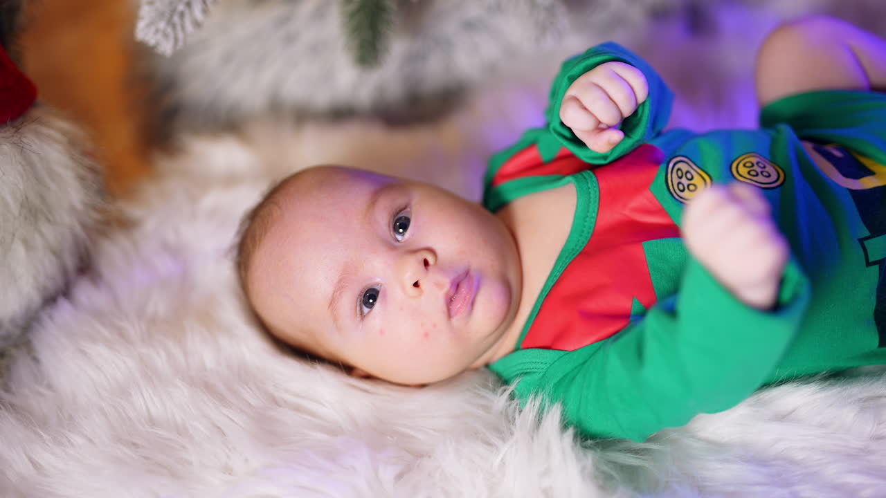 Healthy kid in green elf costume lies on white plaid waving little fists. Lovely kid looking up with surprise. Top view.