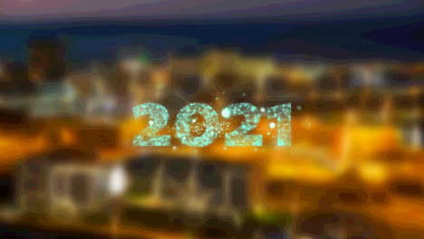animación del texto de la víspera de año nuevo sobre el paisaje urbano