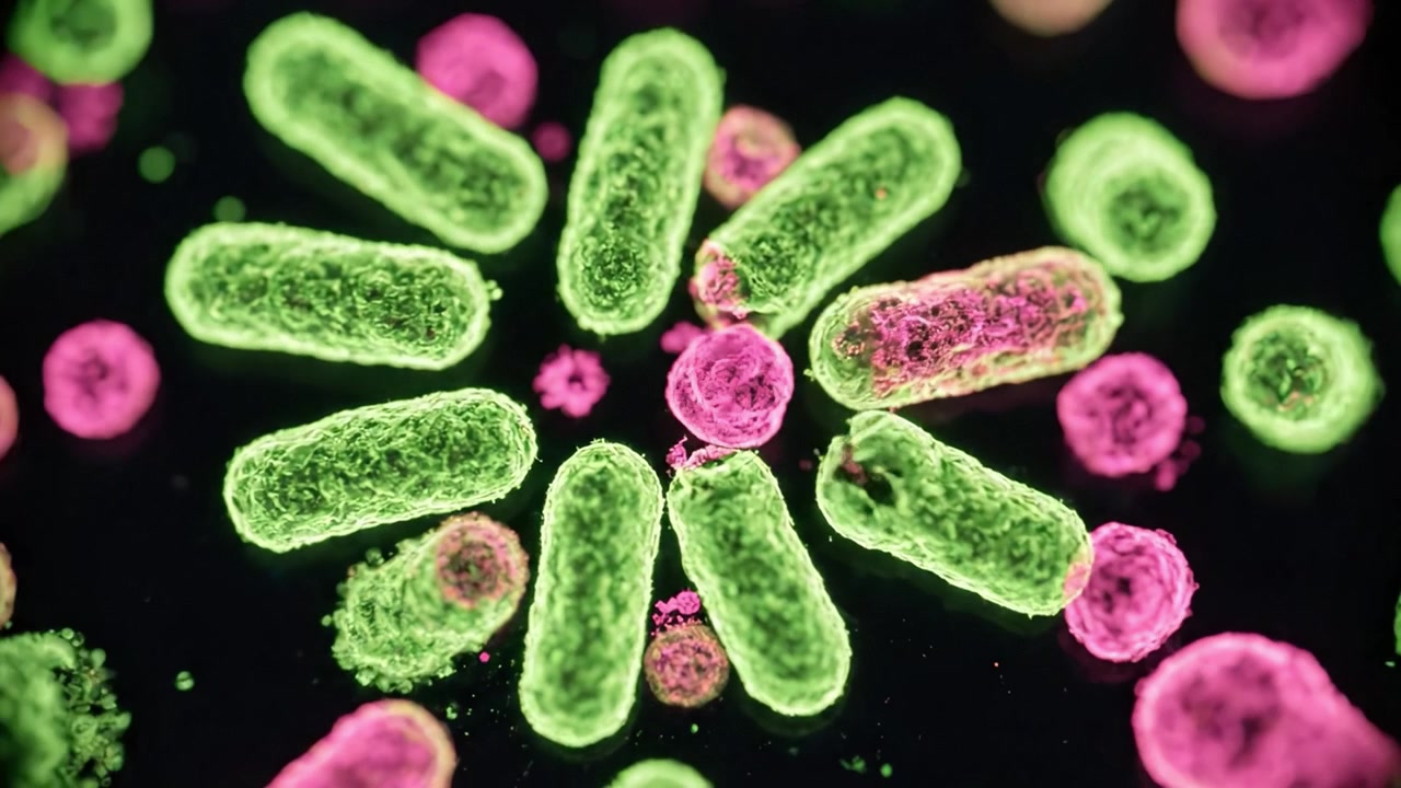 Osservazione ingrandita di microrganismi dai colori vivaci che mostrano una struttura complessa e forme diverse in un ambiente di laboratorio.