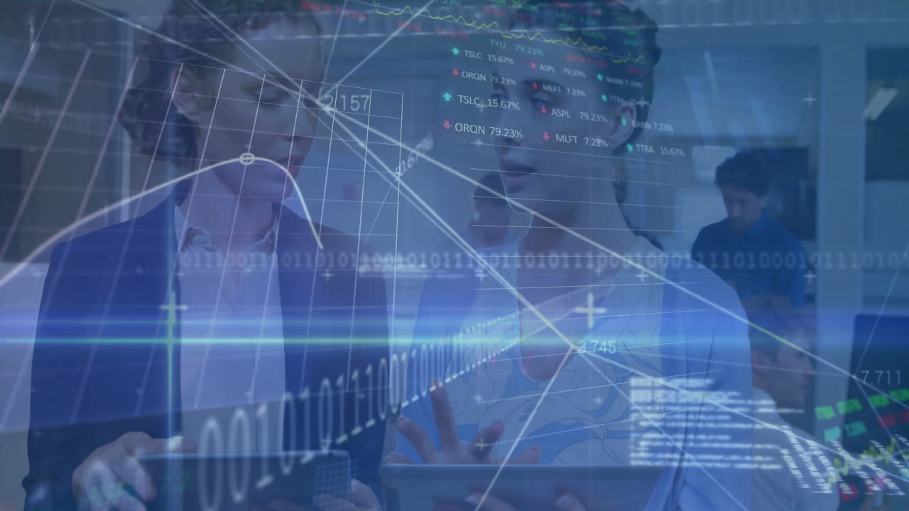 animación del procesamiento de datos financieros sobre diversas personas de negocios en la oficina