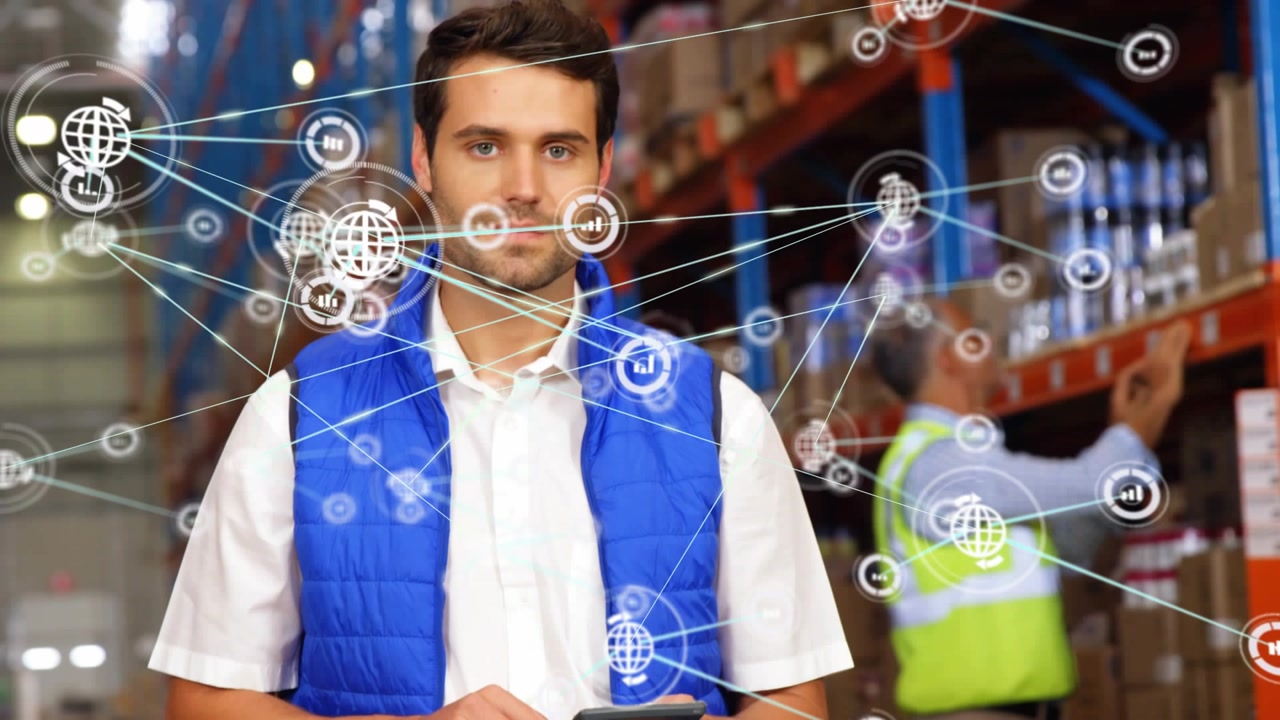Vertical video: Tablet tap starting data overlays, man tapping tablet, updating inventory status
