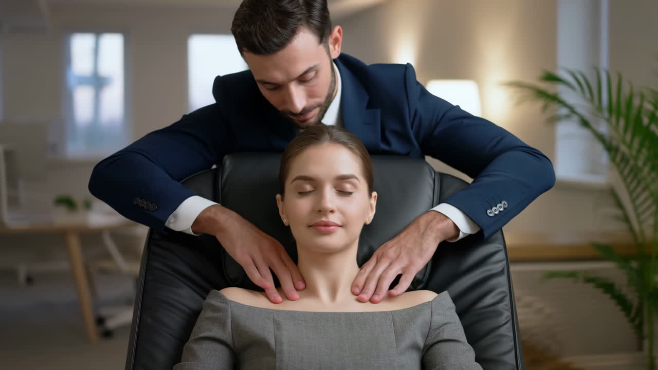 Woman receives a neck and shoulder massage from a man in an office