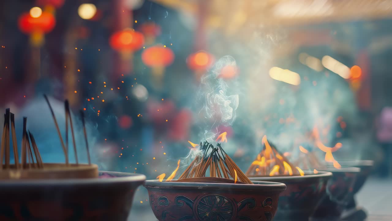 Smoke rising from burning incense sticks in ornate burners, creating a mystical atmosphere in a chinese temple adorned with traditional red lanterns