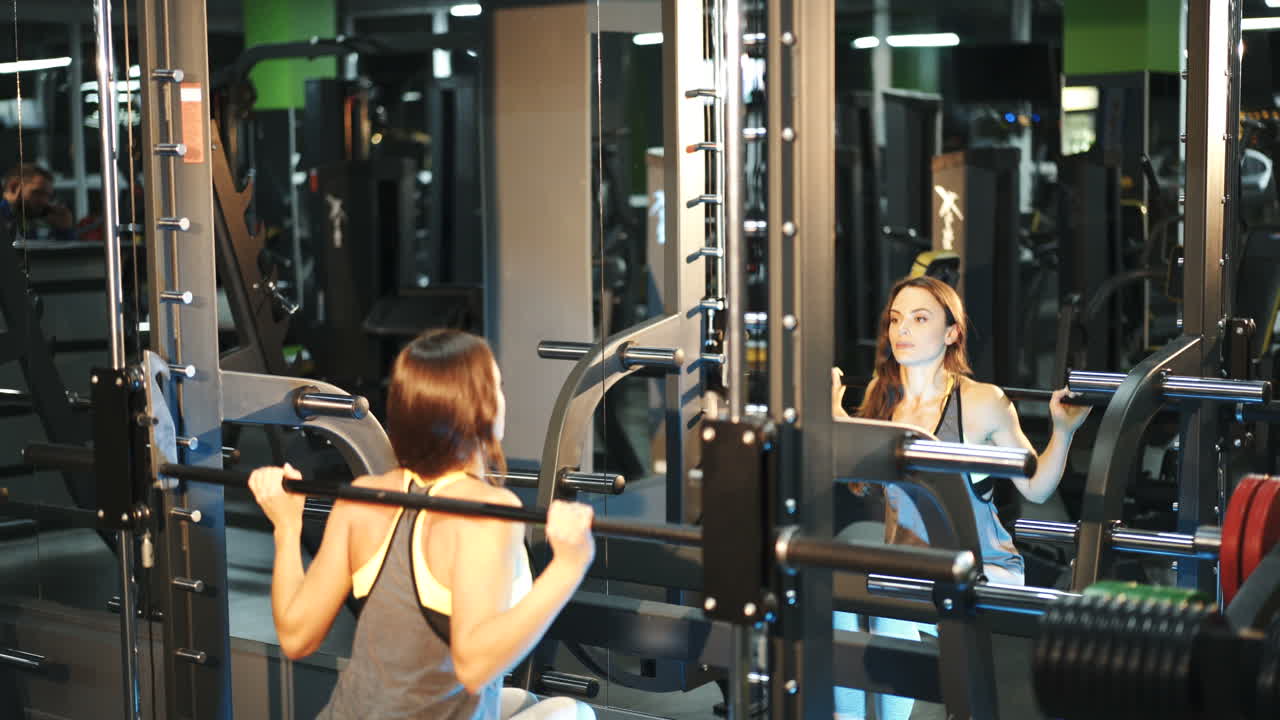 Exercise for fitness in the gym. Young athletic woman performs strength exercises for the legs. Simulator Smith