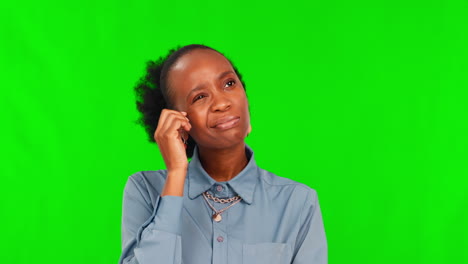 green screen, confused and thinking by black woman