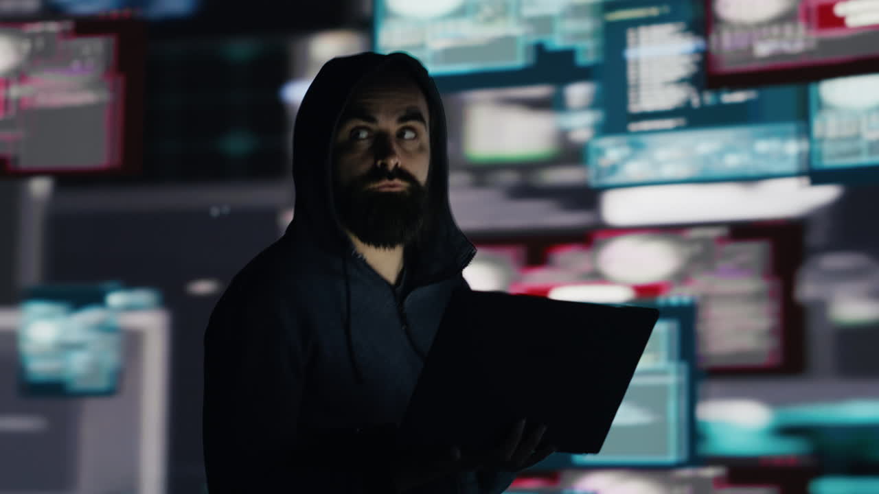 Male hacker operates in stealth mode breaching system access through coding