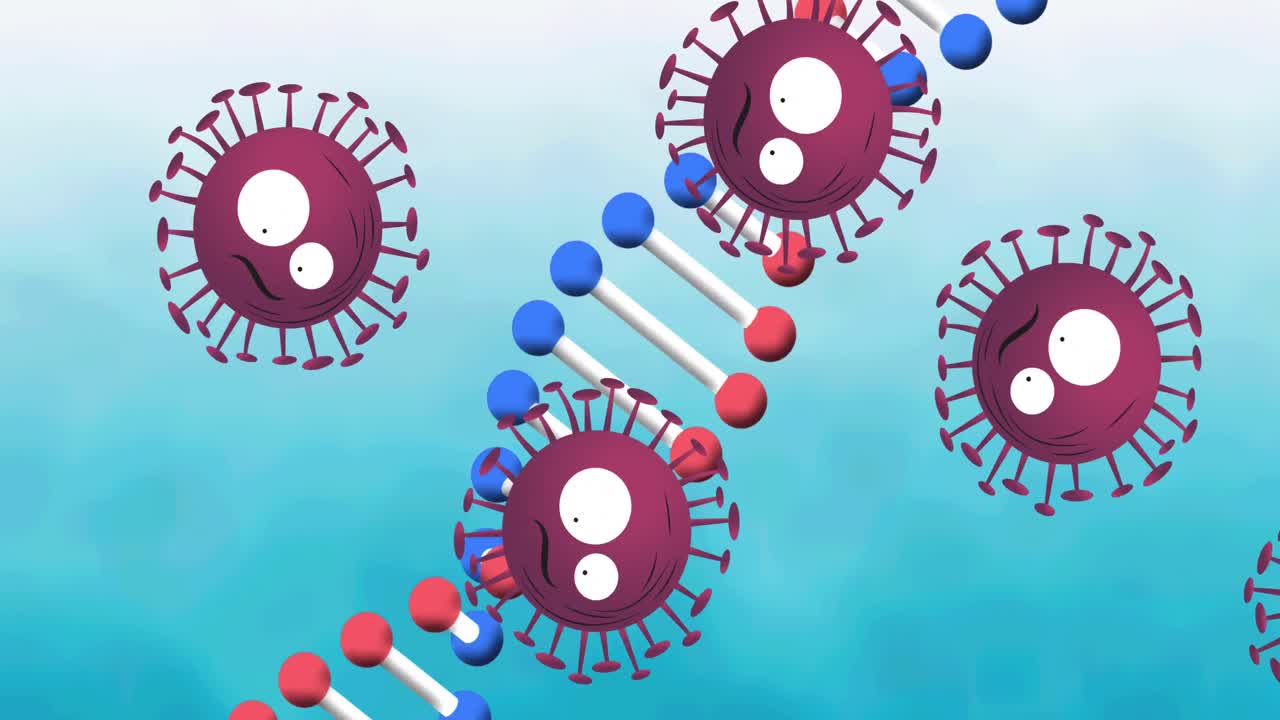 파란색 배경 위에 코로나19 세포가 회전하고 떨어지는 dna 가닥의 애니메이션