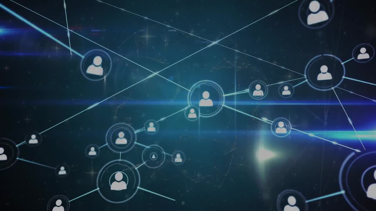 animación de la red de conexiones con iconos sobre puntos de luz y formas en movimiento.