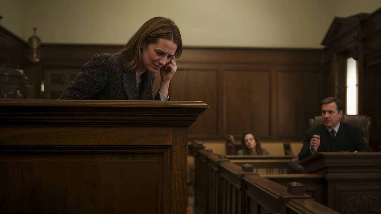 Reacting witness in dark suit leaving lectern in court, covering mouth after man asking with mic